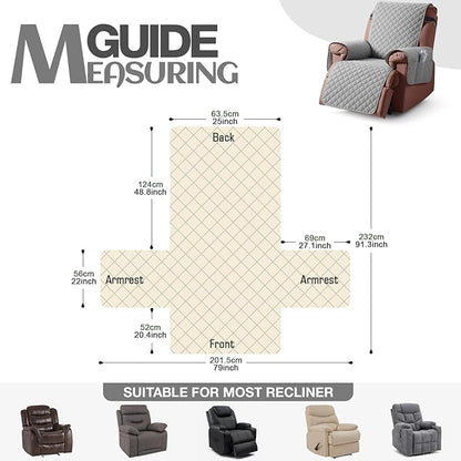 KinCam 100% Waterproof Recliner Chair Cover, Reclining Couch Covers for Pets, Dogs, Recliner Couch Slipcover Furniture Protector with Elastic Straps for Kids(25", Light Gray)