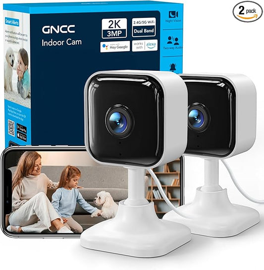GNCC 2K Indoor Cameras for Home Security with Phone App, 2.4G/5G Mini Pet Cam w/Human/Motion/Sound Detection, Compatible with Alexa, Cloud Storage Subscription Required, Fixed View, Plug-in, 2 Pack