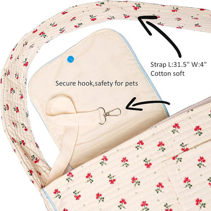 Floral Pet Carrier Sling, Breathable Cotton Dog Purse Carrier, Hand-Free Travel Puppy Purse for Small Dog 10-25 lbs, Cat Sling Chest, Per Mom Dad Gifts(White, Large)
