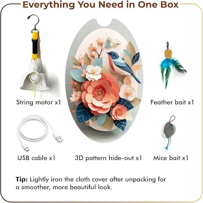 Interactive Cat Toys for Indoor Cats, Automatic Concealed Hide and Seek Hanging Feather Cat Toy, Rechargeable Motion-Activated Enrichment Toys for Bored Adult Cats (Bird & Flowers Pattern）