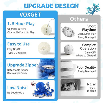 Interactive Dog Octopus Toy, Upgrade Automatic 1.5H Jumping Ball with Motion Activation for Small Large Dogs, 2 in 1 Rechargeable Move & Tug Plush Toy Pets Keep Busy, No Music (Blue Crinkle)