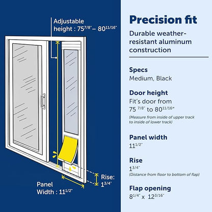 PetSafe Sliding Glass Pet Door - No-Cut DIY Install Doggy Door for Renters - Aluminum Frame - Adjustable Height 75 7/8" to 80 11/16" - Ideal for Medium Dogs Up to 40 lb - Black