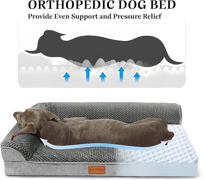 Orthopedic Dog Bed Large Sized Dog 36''X24'', Waterproof L Bolster Egg Crate Foam Pet Crate Beds with Washable Removable Cover, Non-Slip Soft Pet Couch Sleep Mat, Grey