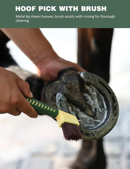 11-Piece Professional Horse Grooming Kit with Waterproof Tote Bag, Non-Slip Silicone Grip Brush Set, Curry Comb, Hoof Pick & Mane Comb Pasture Glow