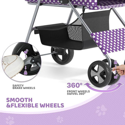 Magshion Foldable Pet Stroller, 3-in-1 Dog Travel Jogger with Detachable Carrier, Cup Holder, Storage Basket, Folding Carrier for Small/Medium Dogs & Cats Up to 33 lbs, Purple Polka Dots