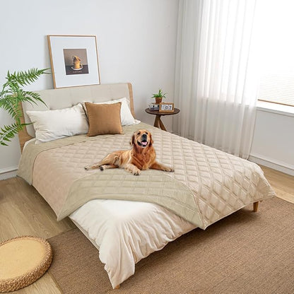 fuguitex Waterproof Dog Blanket Reversible for Small Dogs Resistant Leakproof Washable Couch Cushion Bed Protector Cover for Indoor Furniture Pet Friendly（82"*82",Beige+Khaki