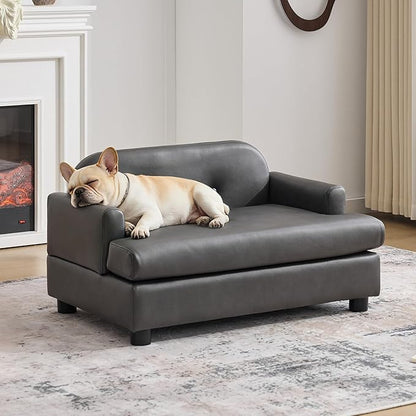 Luxury Dog Sofa Bed Elevated Pet Couch with Durable Waterproof Leather & Orthopedic Sponge - Modern Furniture Style Dog Lounge & Pet Bedside Step for Small/Medium Dogs/Cats, Gray