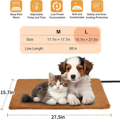 Cat Heating Pad, 6 Adjustable Temperature & 5 Timer Options, 15.7'' x 27.5'' Pet Heating Pad for Cats Dogs, Waterproof Indoor Outdoor Electric Heated Cat Bed Dog Mat with Chew-Resistant Cord (Brown)