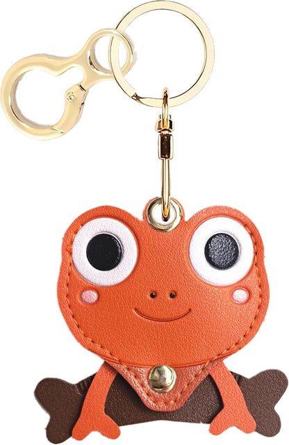 Leather Keychain Holder Case Compatible with AirTag,Cute Protective Cover with Keyring,Anti-Scratch Finder GPS Tracker Case for Wallet Keys,bag,pets,Backpack(Frog Orange)