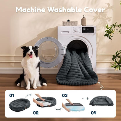 ChiXnuggle XL Dog Bed - Luxury Striped Faux Fur Waterproof Pet Couch with Removable Washable Cover, Orthopedic Dog Bed with Bolster Sides for Sleeping, Dark Grey