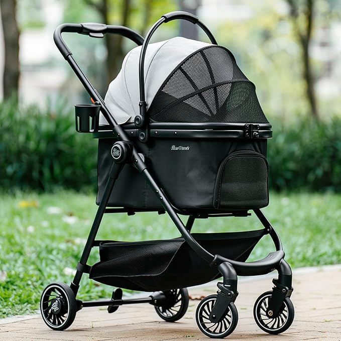 Pet Stroller for Small Dogs and Cats, One-Click Foldable Dog Stroller with Detachable Carrier & 3 Safety Tethers, Holds up to 33 lbs, Storage Basket & Cup Holder, Breathable Mesh, Black