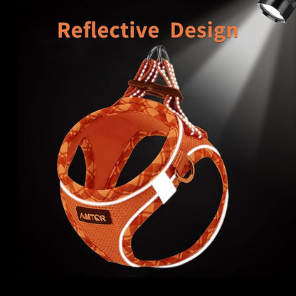 AMTOR Small Dog Harness with Leash Set, No Escape Easy Walk Puppy Harnesses for Training Walking, Step-in Reflective Soft Dogs Vest for XS S Medium Extra-Small Large Sized Dog(XL Size,Orange/White)