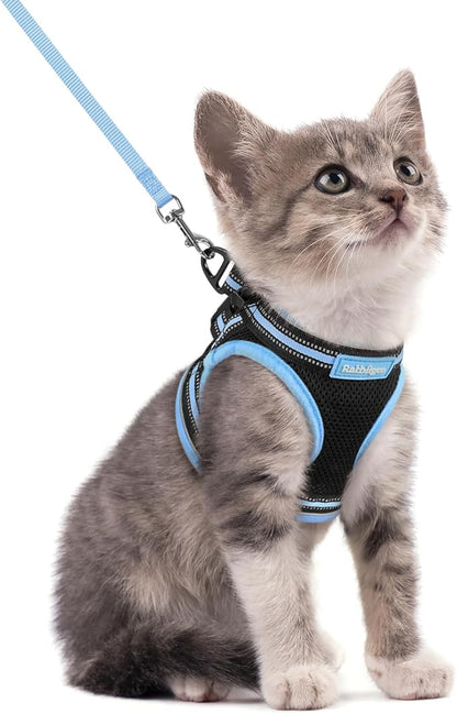 rabbitgoo Cat Harness and Leash Set for Walking Escape Proof, Adjustable Soft Kittens Vest with Reflective Strip for Cats, Comfortable Outdoor Vest, Black & Light Blue, S
