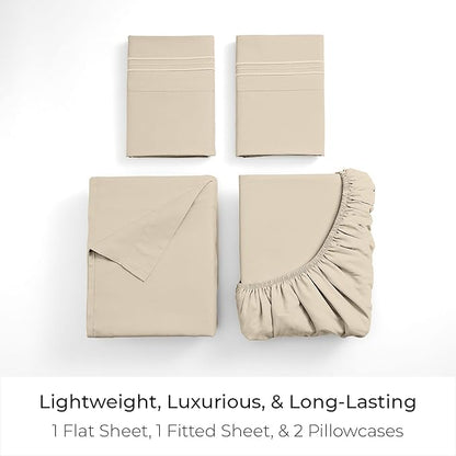 Mellanni Twin XL Sheet Set - 4-Piece Iconic Collection Bedding, (Including 2 Pillowcases), 16-Inch Deep Pocket, Easy Care, Extra Soft, Cooling Sheets, Brushed Microfiber - Beige