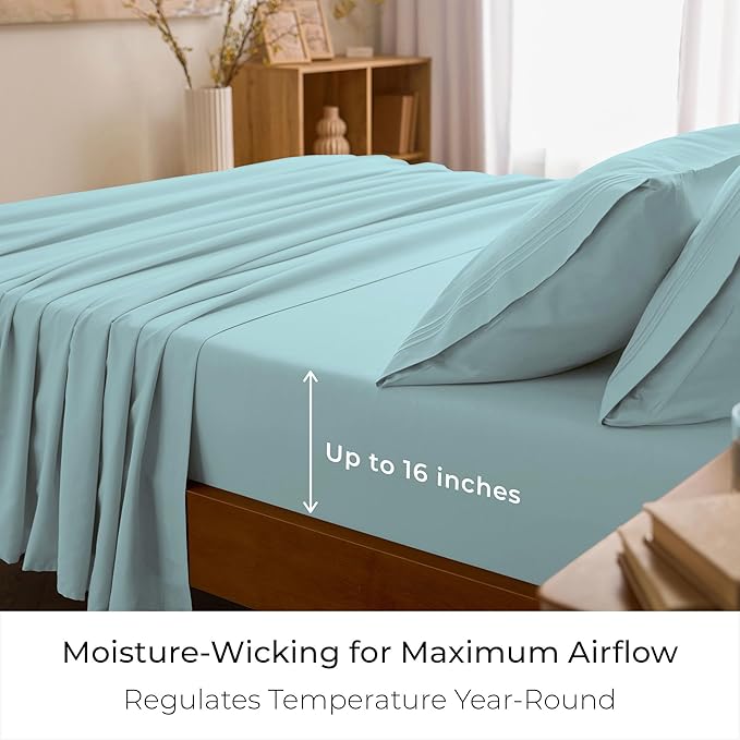 Mellanni Twin XL Sheet Set - 4-Piece Iconic Collection Bedding, (Including 2 Pillowcases), 16-Inch Deep Pocket, Easy Care, Extra Soft, Cooling Sheets, Brushed Microfiber - Aqua