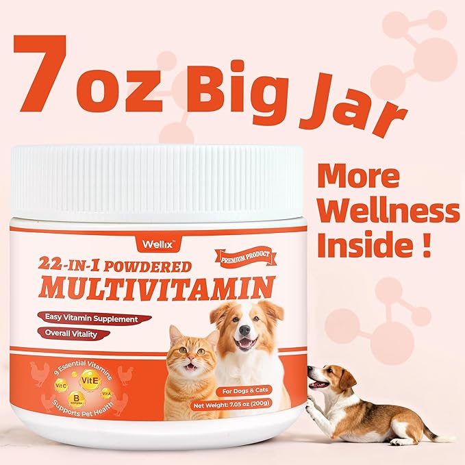 Wellix 7.02oz Vitamins Taurine Powder for Dogs&Cats, All-in-One Multivitamin with Colostrum, Itch Relief, Immune Support, Digestive Support, Chicken Flavor Pet Vitamins and Supplements