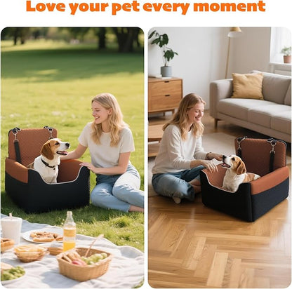 ALL GOOD PET SUPPLIES Dog Car Seat for Small/Medium Dogs Under 35lbs, Soft Booster Car Seat with Detachable Washable Cover and Cushion, Puppy Dog Car Bed, Black/Brown