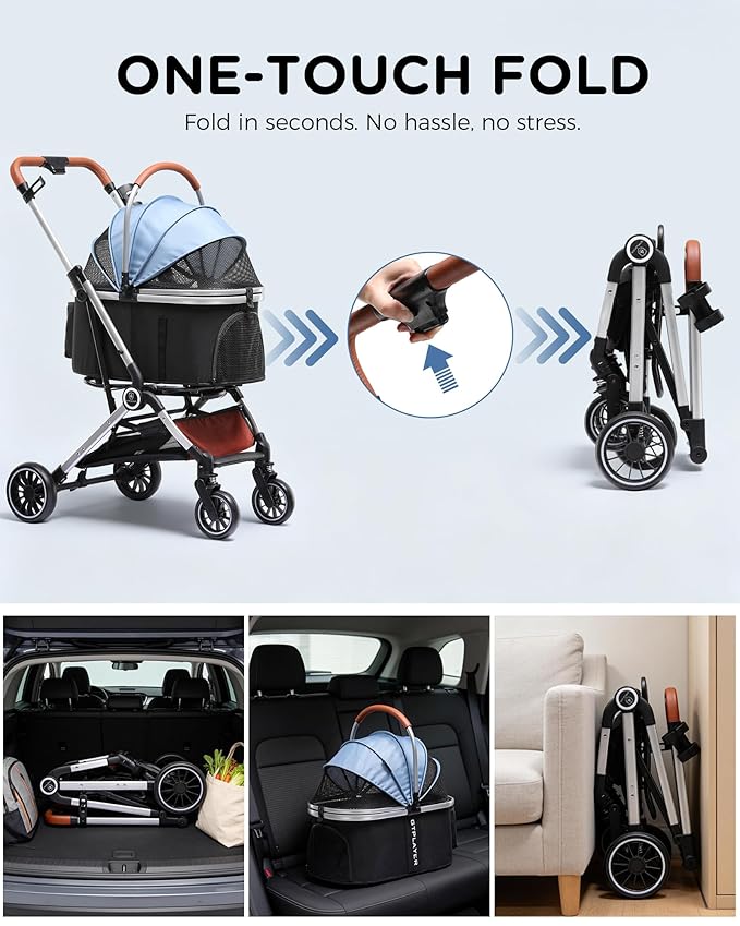 GTPLAYER 3 in 1 Pet Stroller with Removable Carrier, Foldable Stroller for Small/Medium Dogs and Cats, All-Terrain, with Sun Shades, Car Seat, Up to 45 lbs, Light Blue