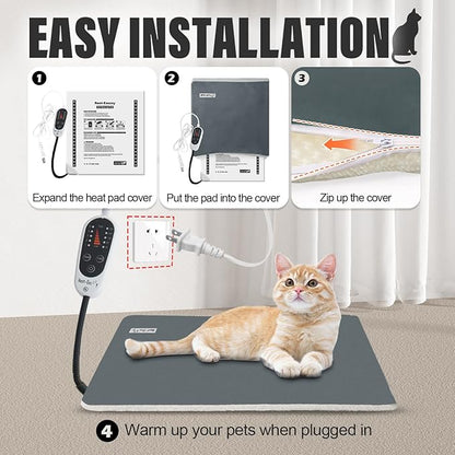 Rest-Eazzzy Heating Pad, Heated Cat Bed with Removable Cover, 5-Level Timer & Temperature, Indoor Warming Mat for Cats & Dogs (Pure-Grey, 2pcs)