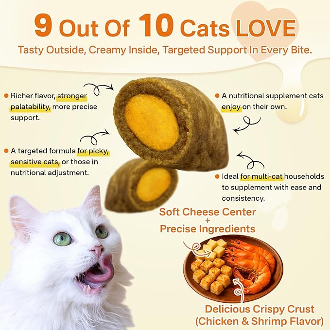 Puyrzoe Cat Skin and Coat Health - 500 Chews Crunchy & Creamy Cheese Core with Omega 3/6/9, Vitamins C & E, Biotin for Skin Hydration & Coat Shine Supplement for Cats Kittens - Chicken & Shrimp Flavor