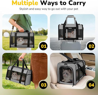 Hipubby Cat Carrier Dog Carrier for Pets Up to 16 Lbs, Soft-Sided Pet Travel Carrier for Cats and Small Dogs, Airline Approved Pet Carrying Case with Shoulder Strap & Removable Mat - Grey