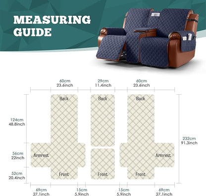 Ruaozz Waterproof Loveseat Recliner Cover with Console Non-Slip Reclining Couch Covers Split Sofa Slipcovers with Elastic Straps Furniture Protector for Kids, Dogs, Pets (Dark Blue, 2 Seater)