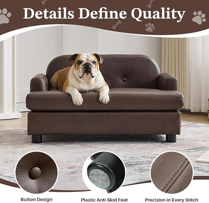 Luxury Dog Sofa Bed Elevated Pet Couch with Durable Waterproof Leather & Orthopedic Sponge - Modern Furniture Style Dog Lounge & Pet Bedside Step for Small/Medium Dogs/Cats, Brown