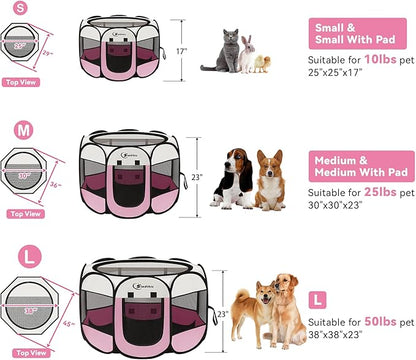 Siedihit Dog Cat Playpen, Puppy Pet Playpen Indoor for Small Dog Crate Tent Cage Outdoor, Portable Pop Up Dogs Enclosure Kennel with Carrying Case for Dogs/Cats/Rabbits(Pink, Small with pad)