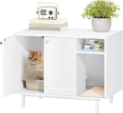 Hzuaneri Cat Litter Box Enclosure Enclosed, Hidden Litter Box Cabinet Furniture with Storage, Wooden Indoor Cat House Large, Modern End Table for Living Room Entryway, White CB01513W