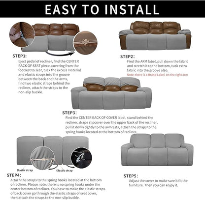 Easy-Going 100% Dual Waterproof Recliner Sofa Cover, 8-Pieces Stretch Relining Couch Cover with Pocket, Jacquard 3 Seat Sofa Slipcover Leakproof Washable (Sofa, Light Gray)