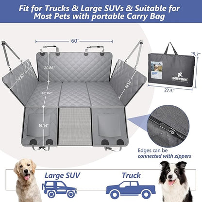 Back Seat Extender for Dogs Truck-Large Space, Dog Pet Seat Cover Back Seat Hard Bottom Holds 420lbs, Waterproof Dog Hammock for Crew Cab Trucks F150, RAM1500, Sierra, Tundra, Silverado, Grey