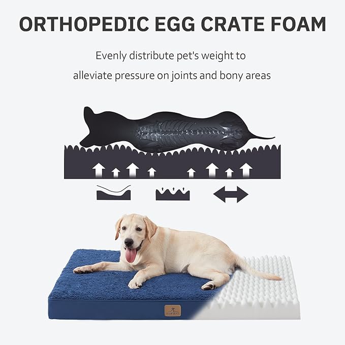 Bedfolks Orthopedic Dog Bed for Jumbo Dogs - Egg Foam Dog Crate Bed with Removable Waterproof Cover, Pet Bed Mat Suitable for Dogs and Pets Up to 150 lbs (54 x 44 x 4 inches, Navy)