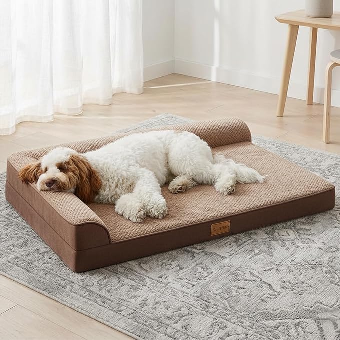 Orthopedic Dog Bed Medium Size Dog 30''X20'', Waterproof L Bolster Egg Crate Foam Pet Crate Beds with Washable Removable Cover, Non-Slip Soft Pet Couch Sleep Mat, Brown