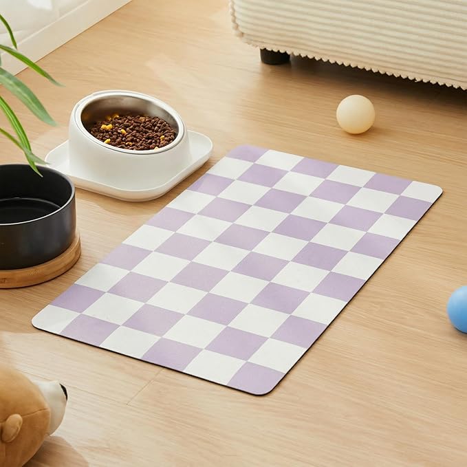 Ralxion Checkered Dog Feeding Mat, Absorbent Mats for Dog Food and Water Bowl, Dispenser, Aesthetic Purple Checkerboard Pet Placemat for Dogs, Cats, Puppy Accessories (Purple, 16 x 24)