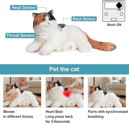 Chongker Interactive Companion Robot Cat, Weighted Breathing Stuffed Animals, Cat Plush Toy with Meow Voice, Breathing, Response, Realistic Heartbeat and Purring (Dark Calico Cat)