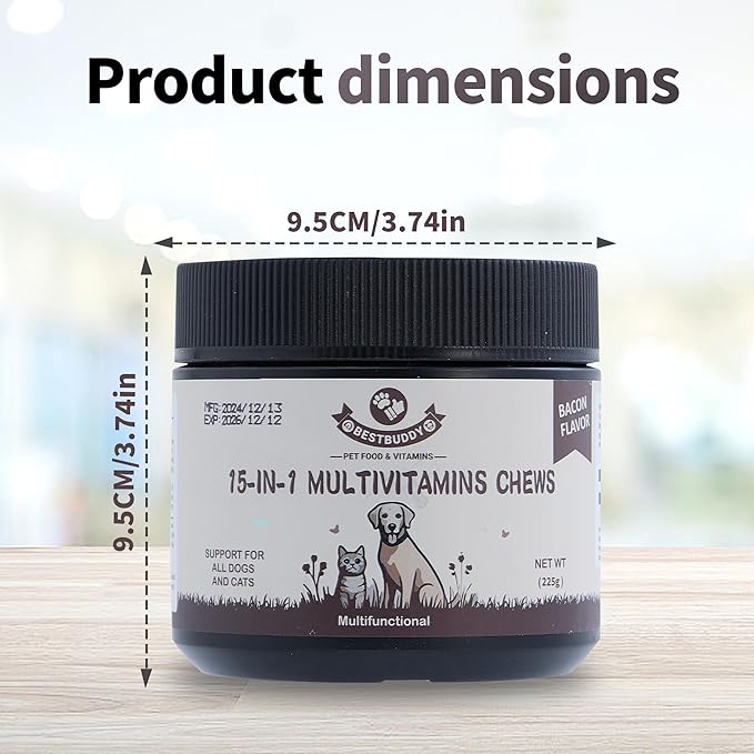 Best Buddy Multivitamin 15-in-1 Treats for Dogs I Cats, Complete Health Supplement Joint Support + Digestive Enzymes, Grain Free Dog Vitamins and Supplements for Skin & Coat (Bacon/Pork, 225g)