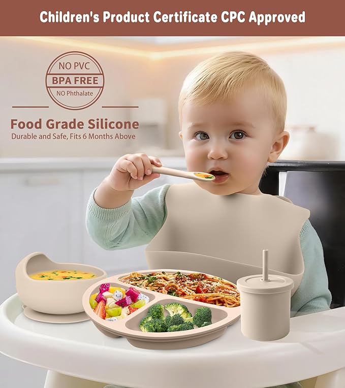 ECLIP Silicone Baby Feeding Set,10 Pcs Baby Led Weaning Supplies Baby Eating Essentials Set with Suction Bowl Divided Plate Adjustable Bib Soft Spoon Fork Cup with Lid Drinking Cup, Travel Bag (Beige)