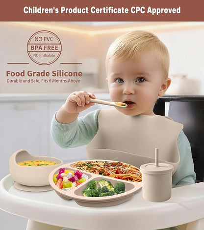 ECLIP Silicone Baby Feeding Set,10 Pcs Baby Led Weaning Supplies Baby Eating Essentials Set with Suction Bowl Divided Plate Adjustable Bib Soft Spoon Fork Cup with Lid Drinking Cup, Travel Bag (Beige)