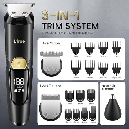 Ufree 3-in-1 Beard Trimmer for Men, Valentine Gifts for Men, IPX6 Waterproof Men's Electric Razor Shaver for Mustache, Professional Hair Trimmer Clippers, Type-C Body Grooming Kit