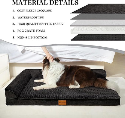 Orthopedic XL Dog Bed Large Sized Dog 48''X30'', Waterproof L Bolster Extra Large Egg Crate Foam Pet Crate Beds with Washable Removable Cover, Non-Slip Soft Pet Couch Mat, Black