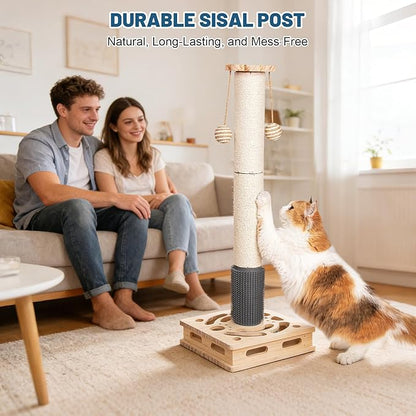 30.3 Inch Large Cat Scratching Post, 4-in-1 Interactive Maze Base with Cat Self Groomer, Natural Pine Wood & Premium Sisal Scratching Pole, Anti-Slip Detachable Design for Indoor Cats