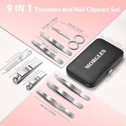 Tweezers and Nail Clipper Set with Case for Men Women, MORGLES 9 Pcs Professional Stainless Steel Tweezers No Gaps
