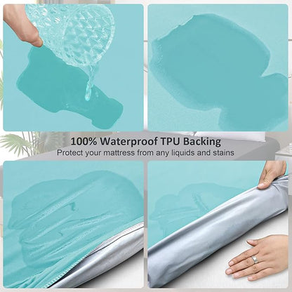 Waterproof Mattress Protector Full, Fitted Sheet Style Breathable Cooling Mattress Cover with Deep Pocket Fits Up to 18'', Noiseless Bed Cover for Kids Adults Pets, Machine Washable(Cyan, 54'' X 76'')