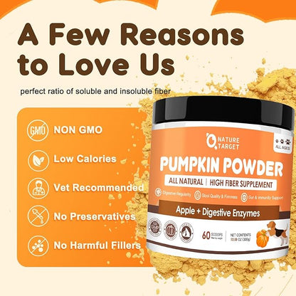 NATURE TARGET Pumpkin for Dogs and Cats, Natural Fiber for Dogs, with Digestive Enzymes, Apple, Healthy Stool and Digestive Support, Diarrhea, Constipation Relief, Pumpkin Powder for Dog to Make Puree