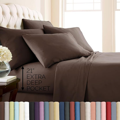 Southshore Fine Living, Inc. 6-Piece Twin XL Sheet Sets, 21-Inch Deep Pocket Twin XL Fitted Sheet, Oversized Flat Sheet, Chocolate Brown Pillow Cases Standard Size, Chocolate Brown Sheets