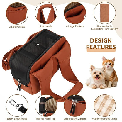 Dog Purse Carrier for Small Dogs and Cats, Soft-Sided Pet Tote Bag with 6 Large Pockets, Collapsible Travel Puppy Carrier, Fits Pets up to 16 lbs (Caramel, 17.5" L x 8" W x 12" H)