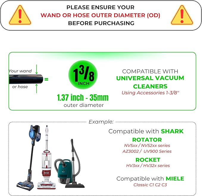1-3/8'' Vacuum Brush Attachments for Shark, Miele & Most Canister/Handheld Vacuums - Crevice Tool, Upholstery & Horsehair Dusting Brushes - Pet Hair Removal Tool Attachment