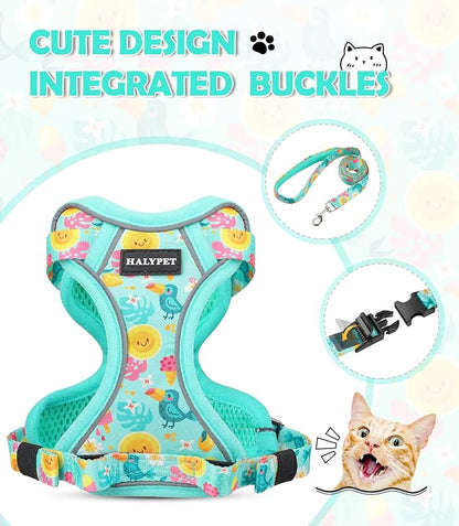 Halypet Cat Harness and Leash Set[MAX Safety 4th-Gen] Cute Escape Proof Vest Harness for Girl&Boy Cat Walking, Comfortable Adjustable Leash and Reflective Strips for Outdoor Kitten, M Green Tropics