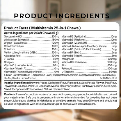 25-in-1 Dog Multivitamin Chewable with Probiotics,Dog Vitamins and Supplements Hip & Joints,Pets Immune Support,Skin,Coat,Heart,Gut Health Omega 3,Glucosamine for All Breeds Puppy,Adult & Senior Dogs
