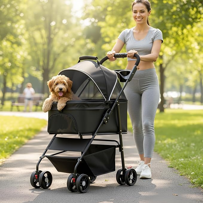 3-in-1 Pet Stroller for Small/Medium Dogs Cats,4 Wheels,Detachable Carrier Basket,Breathable Mesh,Storage Basket,Cup Holder,Weather Cover,Black